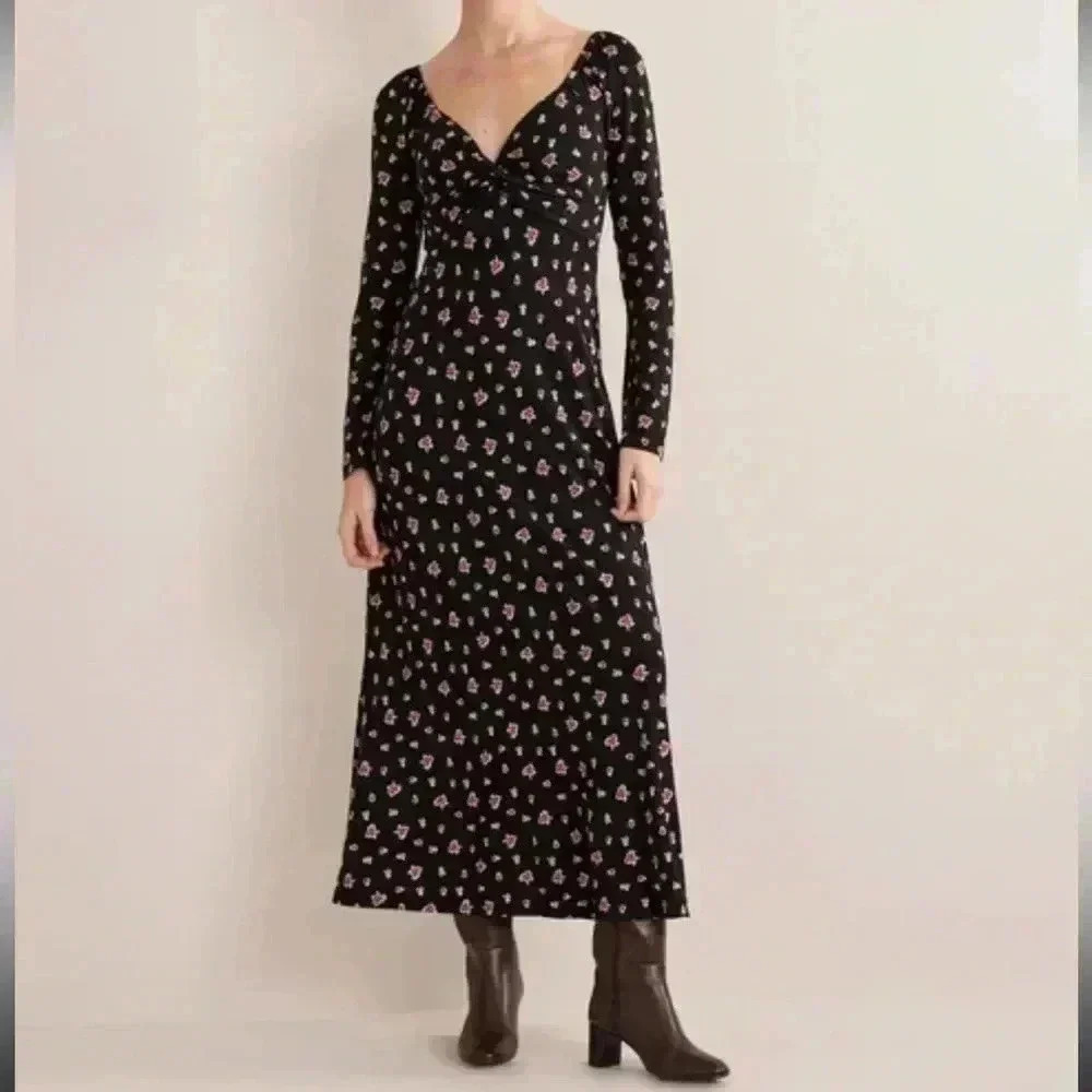 Boden | Black Floral Print Sweetheart Jersey Midi Dress Size 8p NWT